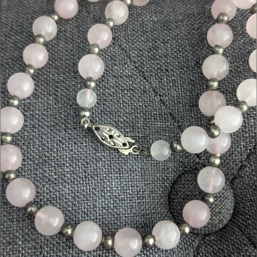 Vintage Pink Jade Beaded Necklace Silver Clasp 18” Elegant